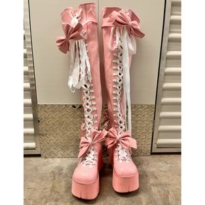 Demonia X Dolls Kill Pastel Pink Thigh High Boots